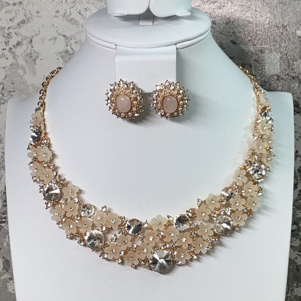 Bling Necklace and Earrings Set Bundle with Tiny Cream Colored Flowers